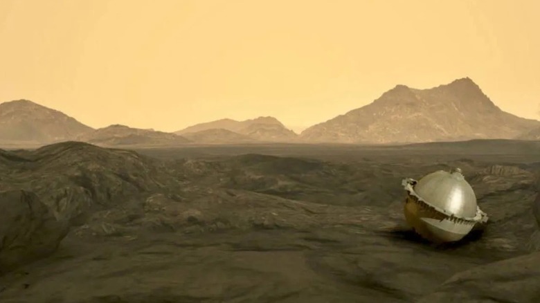 An artist's visualization of DAVINCI's descent probe lying on the surface of Venus.