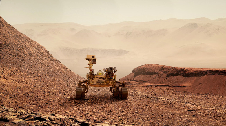 The NASA Perseverance rover on the surface of Mars.