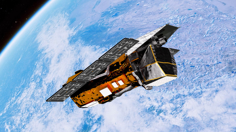 An artist's depiction of the Neil Gehrels Swift Observatory in orbit above the Earth