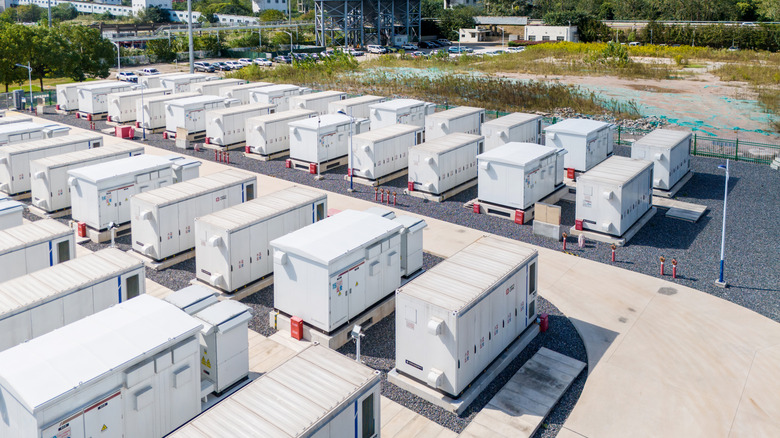 Energy storage devices at a nondescript power station facility.
