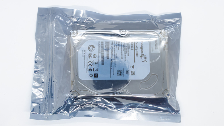Seagate SATA hard drive protected by an antistatic bag that's sealed