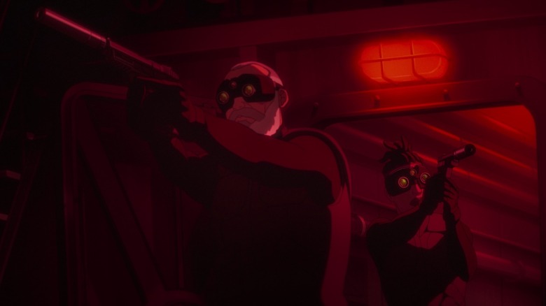 Liev Schreiber as Sam Fisher and Kirby as Zinnia McKenna in Splinter Cell: Deathwatch