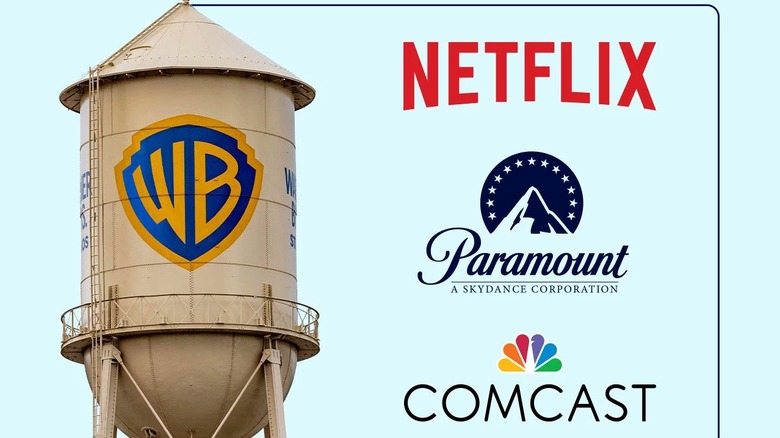 A Warner Bros water towner logo is shown besides three contending buyers, Netflix, Paramount, and Universal