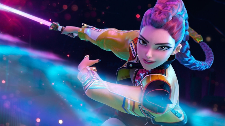 A woman with purple hair posing heroically