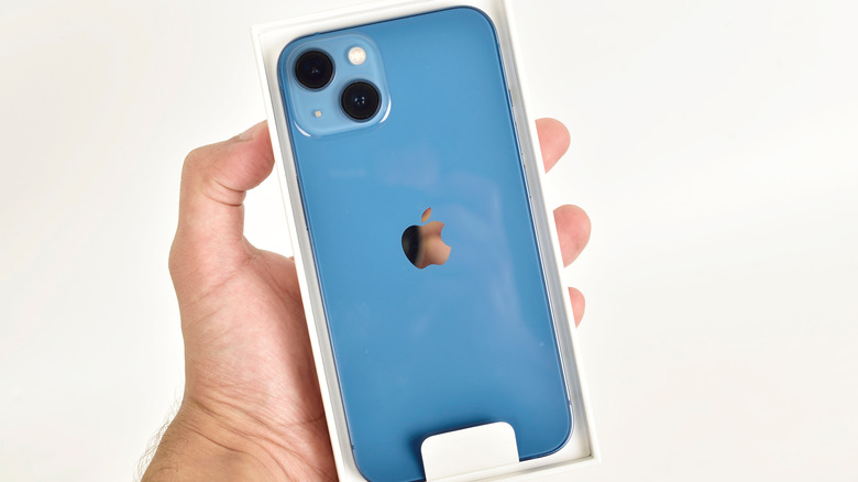 person holding a iPhone inside a box against a white wall