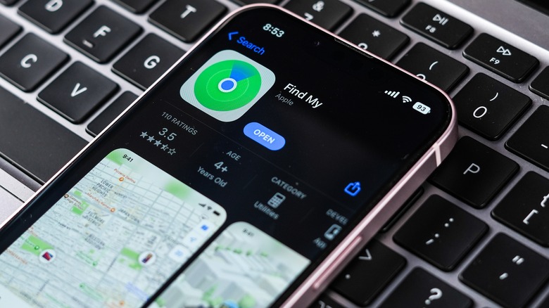 Apple Find My App on an iPhone with a keyboard in the background