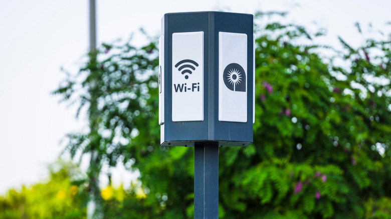 Public Wi-Fi access point on a metal pole in a green park setting