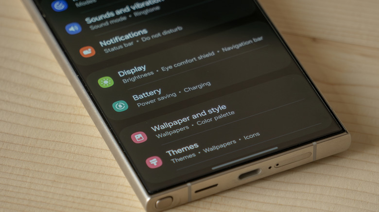 Close up of S24 Ultra Settings Menu showing Display and Battery options