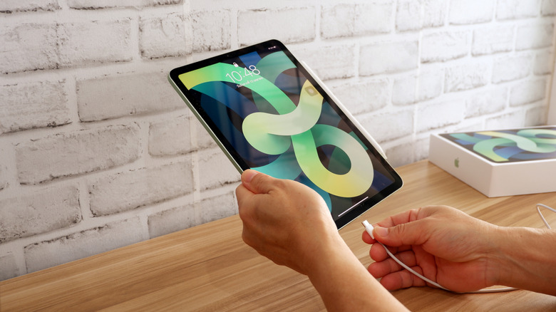 A person about to plug in the charging cable of an iPad.