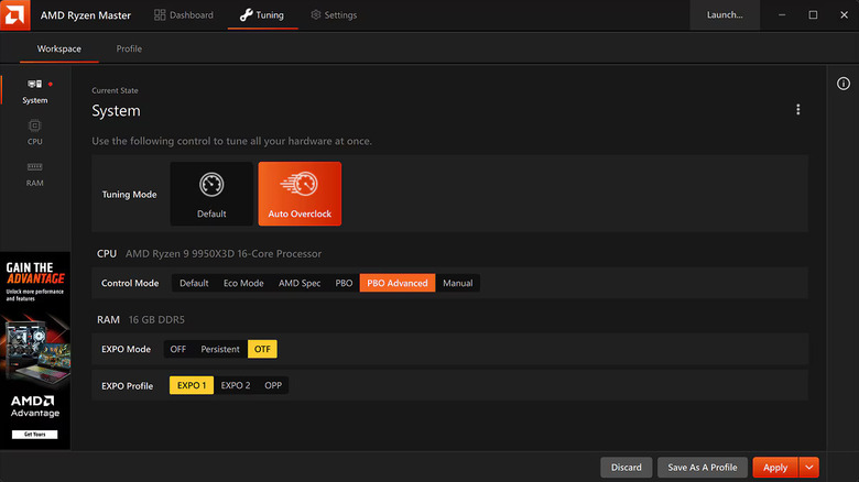 Highlighting the Auto Overclock option in the AMD Ryzen Master tool