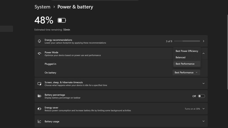 A screenshot of the "Power & battery" section of a PC's settings, with a focus on "Power Mode" and a drop-down menu with three modes