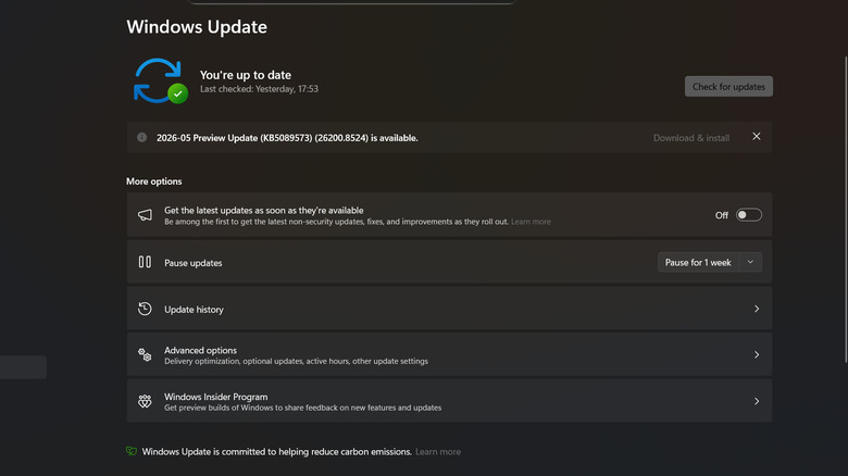 A screenshot of the Windows Update section of Settings