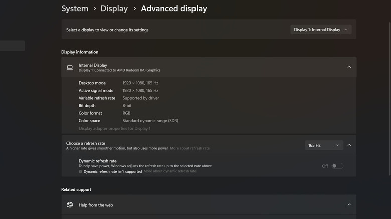 A screenshot of the "Advanced display" section of a PC's settings