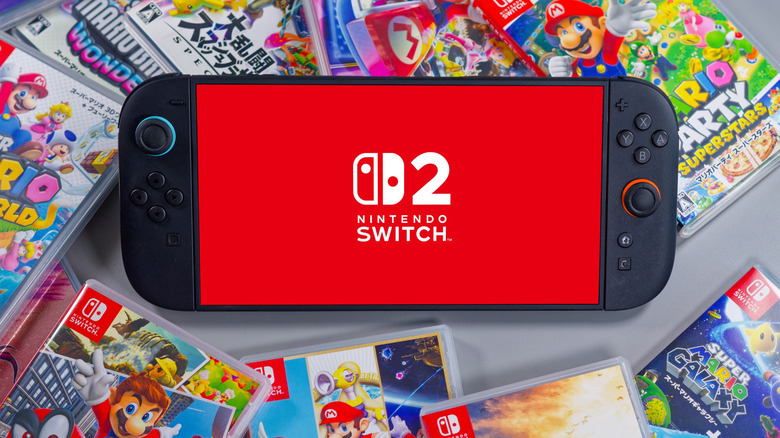 Nintendo Switch 2 with various game cartridges