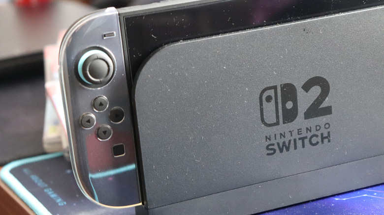 Close-up of a Nintendo Switch 2 console docked in its charging station.
