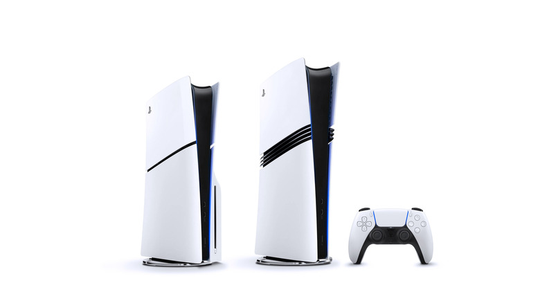 Two PlayStation 5 consoles with a controller standing up with a base