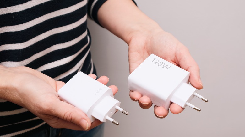 A person holding two fast chargers brick