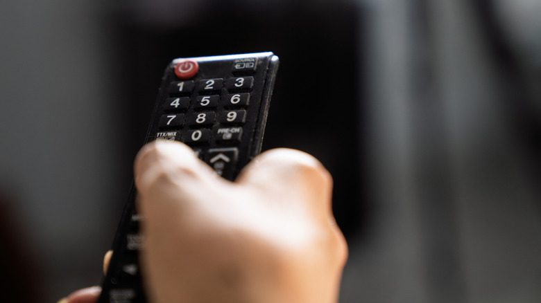 A person holding a TV remote
