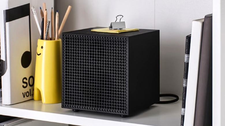 Badkruka IKEA Bluetooth speaker on bookshelf in black.