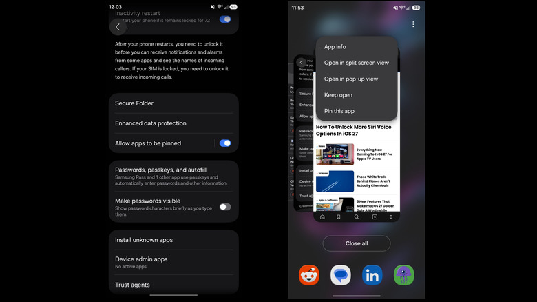Android App pinning in progress on Samsung Galaxy S25.