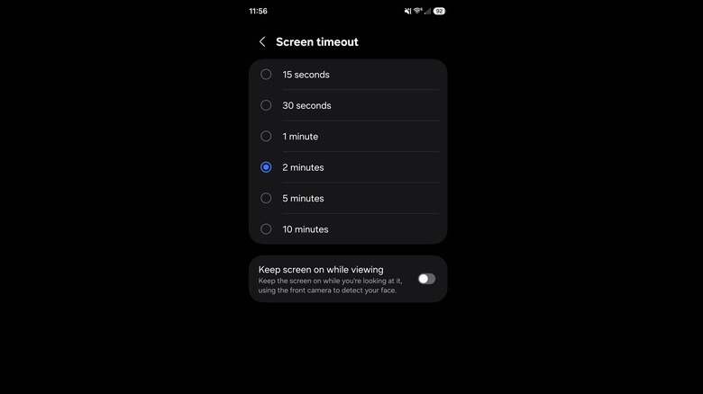 Android Display screen timeout settings menu