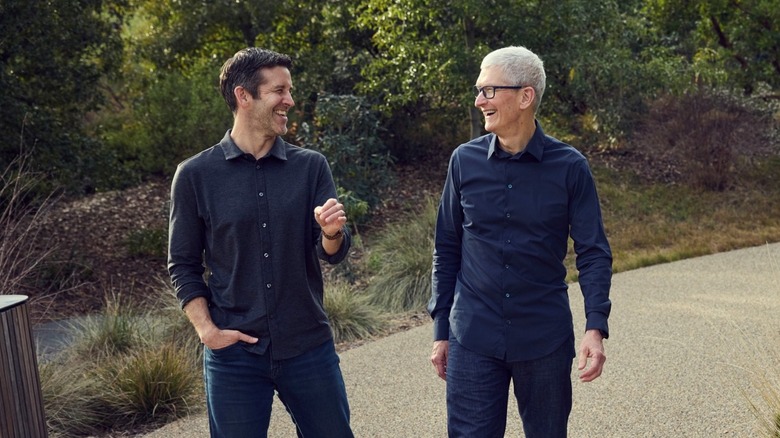 Tim Cook and John Ternus walking at Apple Park.