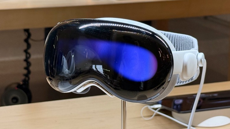 An Apple Vision Pro headset on display in an Apple Store.