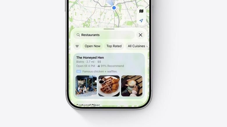 Apple Maps with an ad being suggested as the top search result