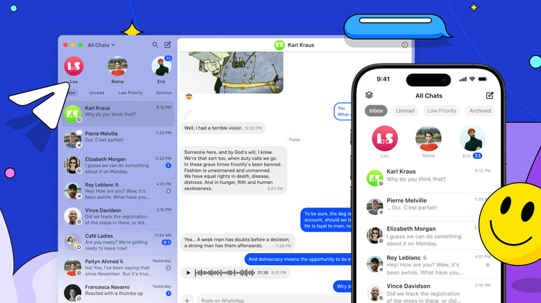 Beeper app showing messages from multiple chat accounts on Mac and iPhone.