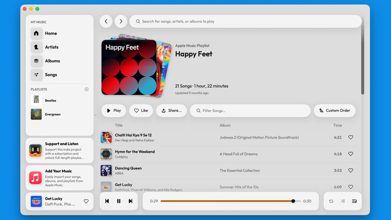 Daft Music playing a custom playlist from the user's library on the Mac from Apple Music.