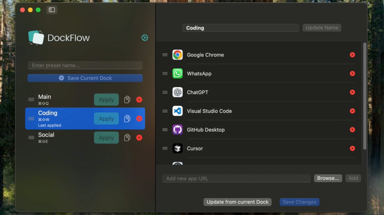 DockFlow for Mac showing multiple Dock presets for work and coding.