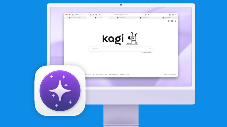 Orion browser shown on the iMac with Kagi search engine.