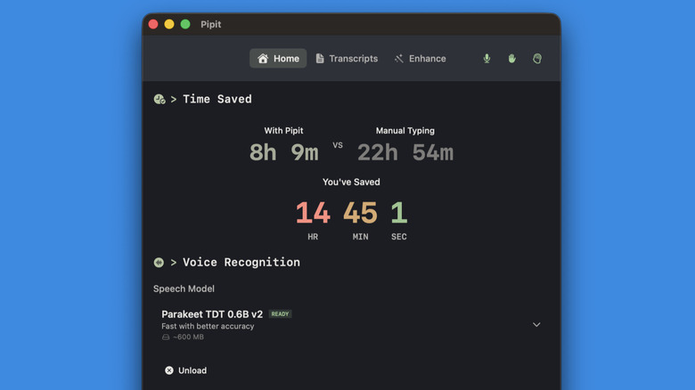 Pipit Voice AI app showing AI model options and time saved by using voice typing.