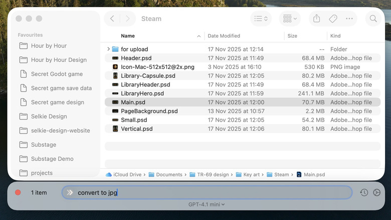 Substage app for Mac showing a floating window below Finder for entering AI commands.