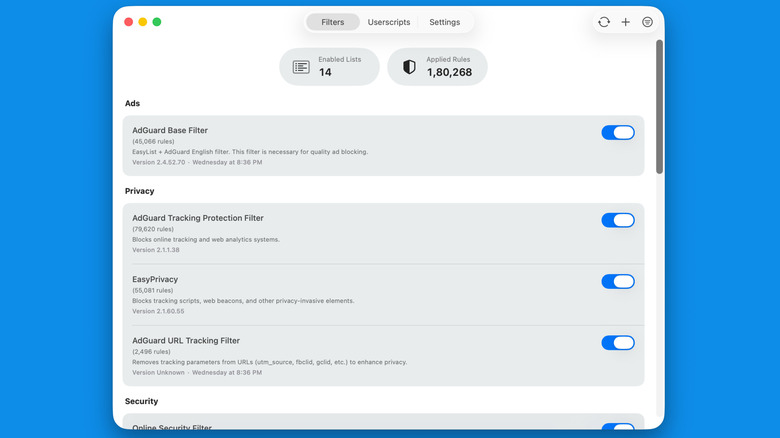 wBlock showing active filters and ad blocking options.
