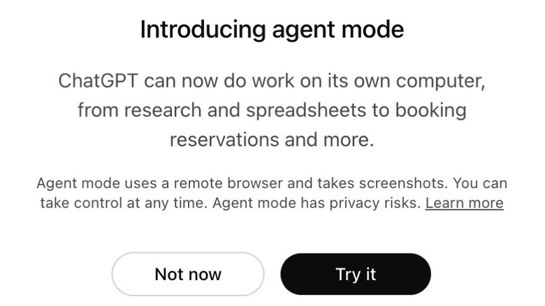 A ChatGPT notification informing the uses Agent mode is available.