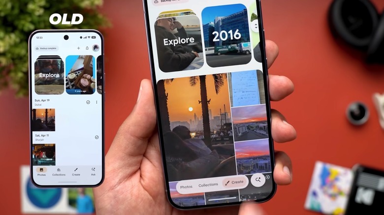 The new Google Photos floating menu design (right) compared to the original bottom menu (left).