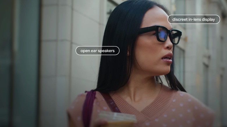 A screenshot from a Google Android XR presentation showing the feature of Google display AI glasses.