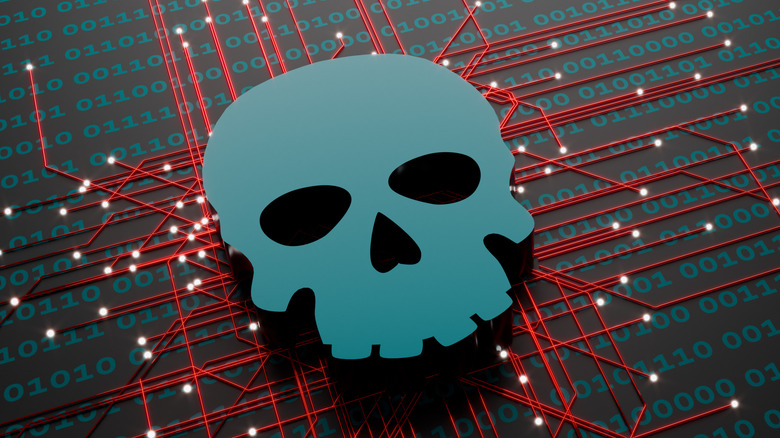 An animated skull overlayed on top of computer circuitry and binary code.