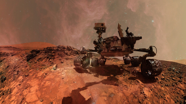 Mars rover close-up, hazy background