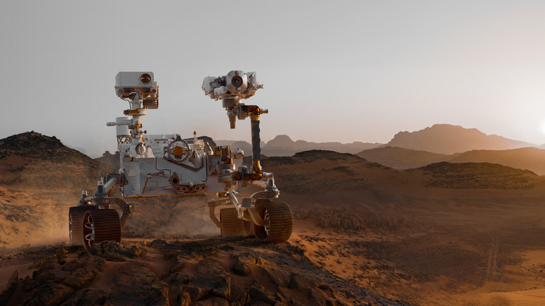 Concept, Mars rover exploring Martian surface, sun in background