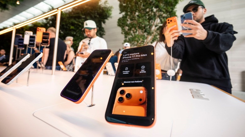 Close-up of an iPhone 17 Pro Max display in a store.