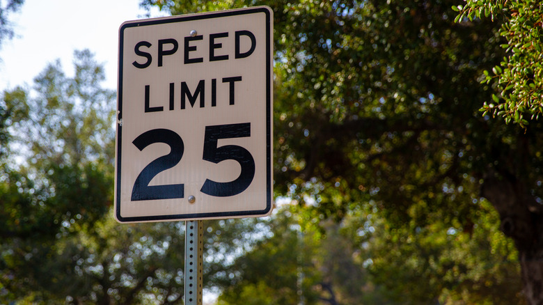 A "Speed Limit 25" sign in front of trees