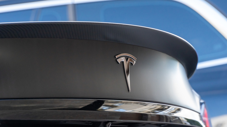 Tesla logo on the back of a vehicle close up.
