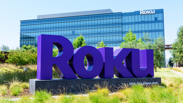 The Roku logo in front of the company offices