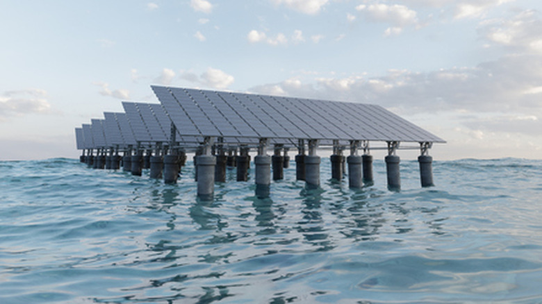 3D render of solar panels floating in the ocean