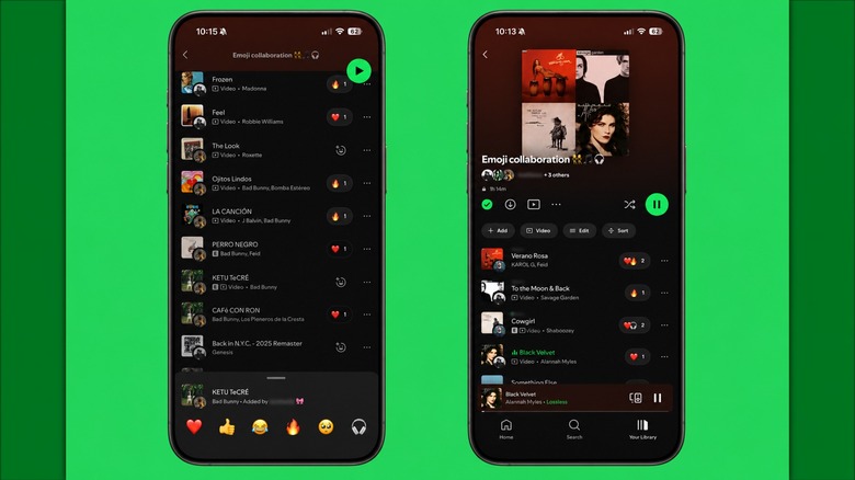 Two cellphone mockups show the new Spotify Track Reactions feature, the phone on the left shows a playlist with the emoji options at the bottom, whereas the phone on the right shows said reactions next to the music tracks