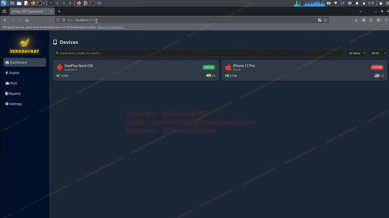 browser window showcasing dashboard for ZeroDayRAT spyware with OnePlus Nord and iPhone 17 Pro smartphones visible in device list