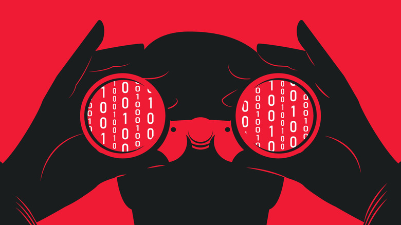 concept illustration, hacker looking through binoculars with binary numbers visible in lenses