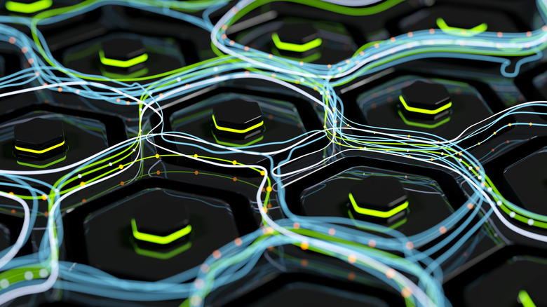 A cluster of batteries with power surging between them